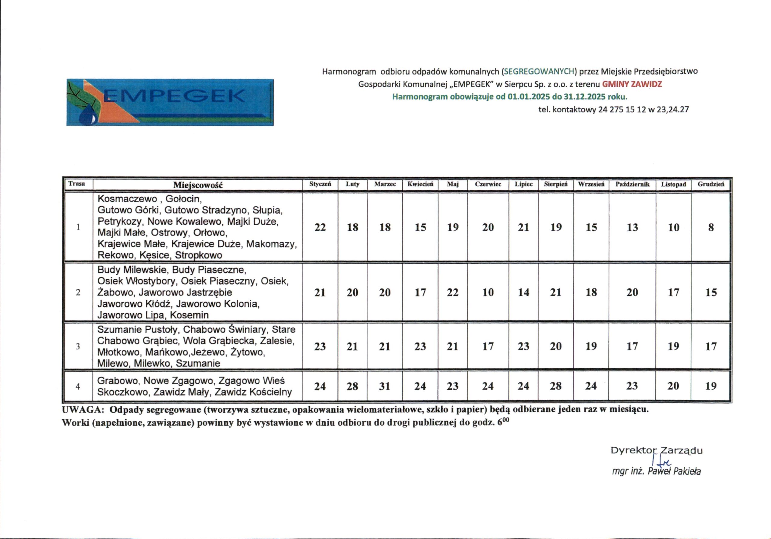 harmonogram odbioru odpadów komunalnych