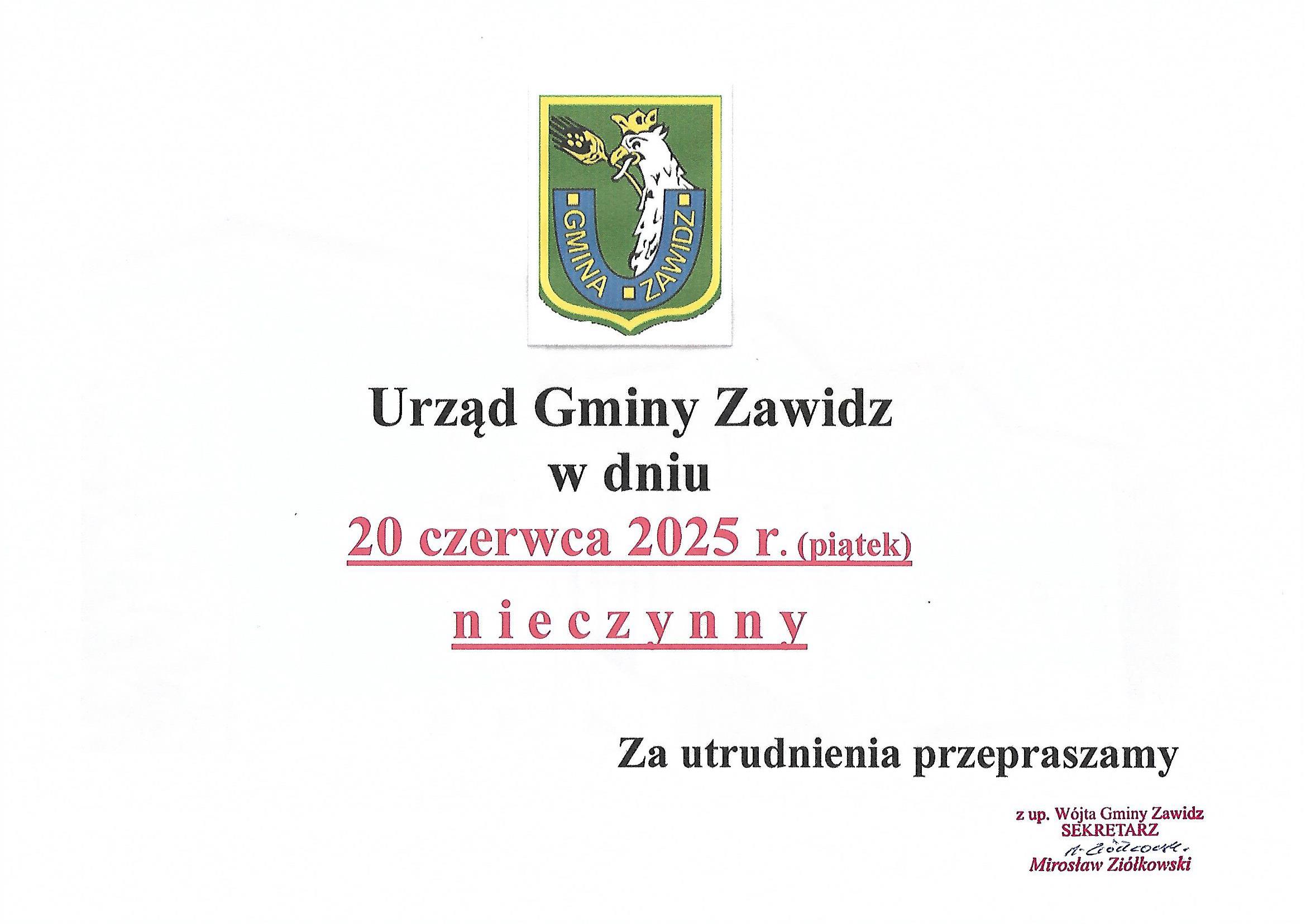 20 czerwca urząd gminy zawidz nieczynny