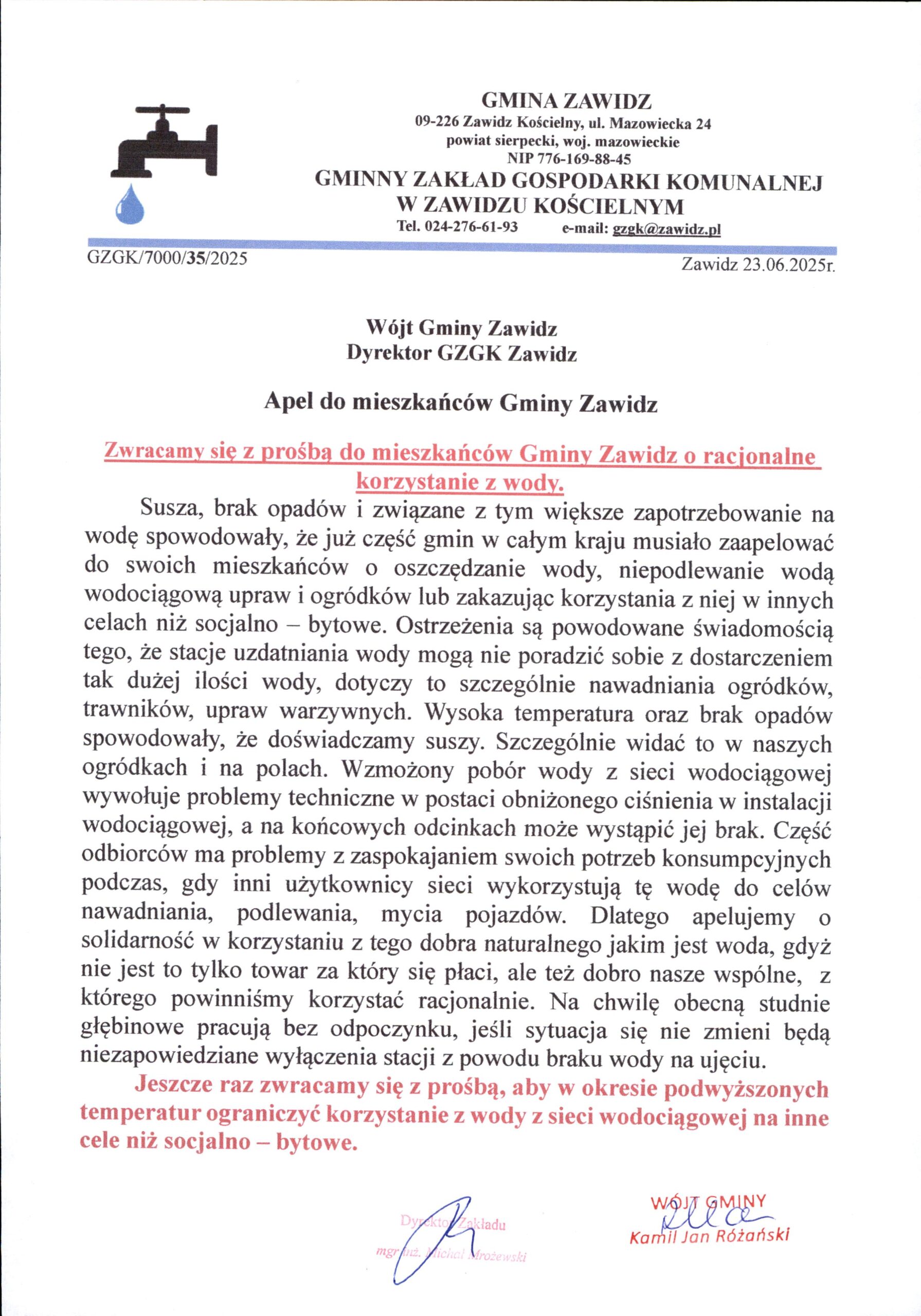 Prośba do mieszkańców o racjonalne korzystanie z wody