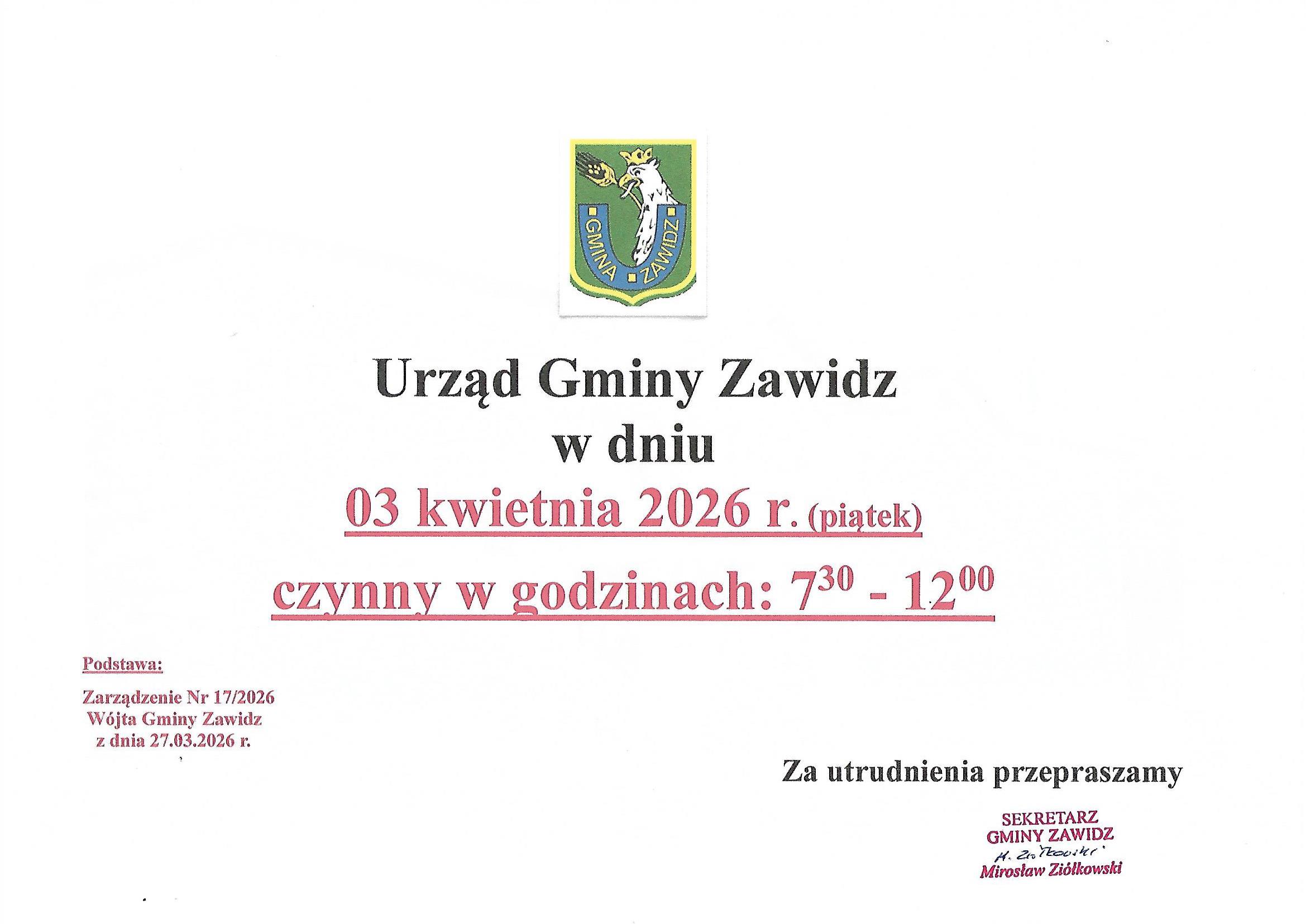 Skrócony czas pracy Urzędu Gminy w dniu 3 kwietnia 2026 r.